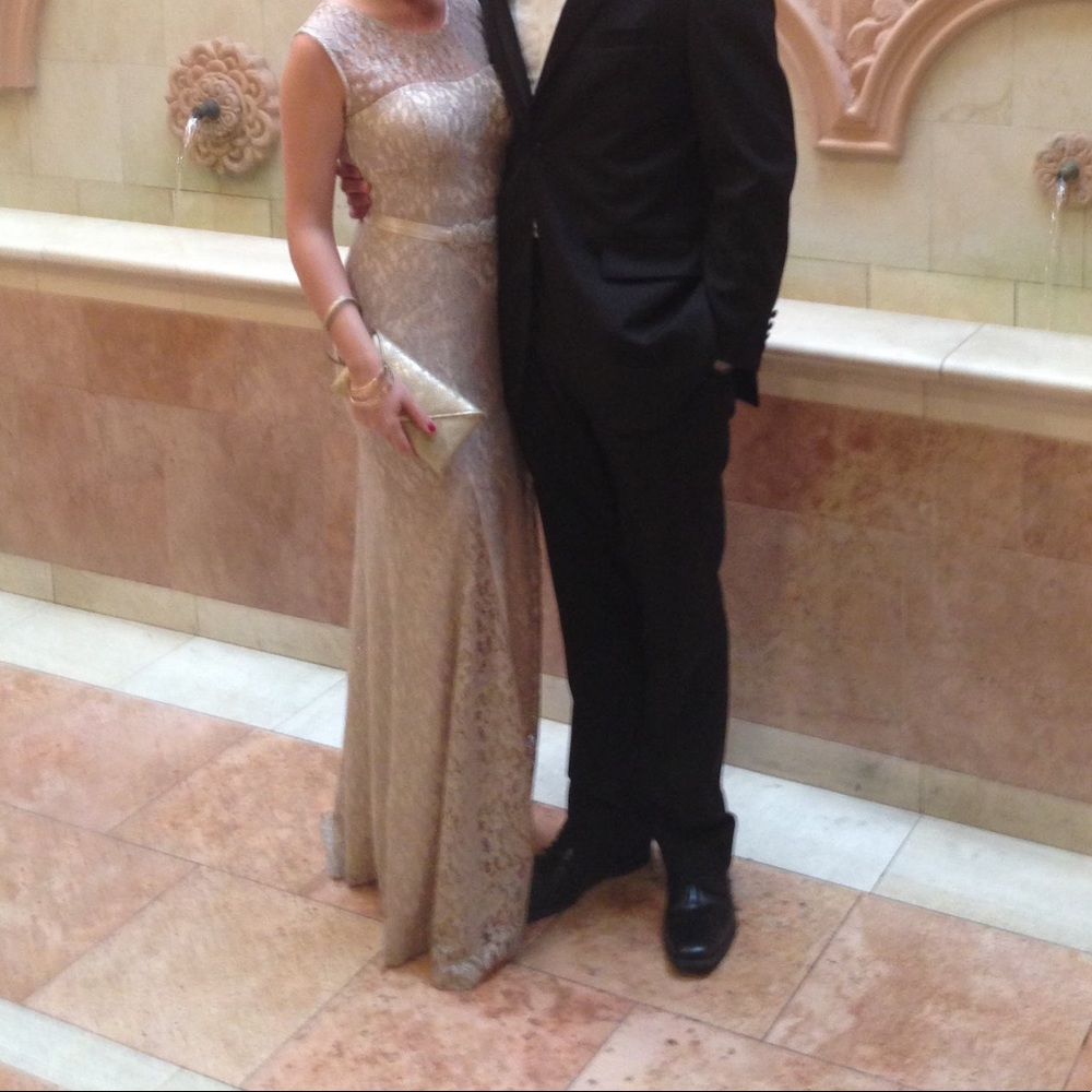 Beige gold lacey evening gown, worn only once, fresh dry cleaned